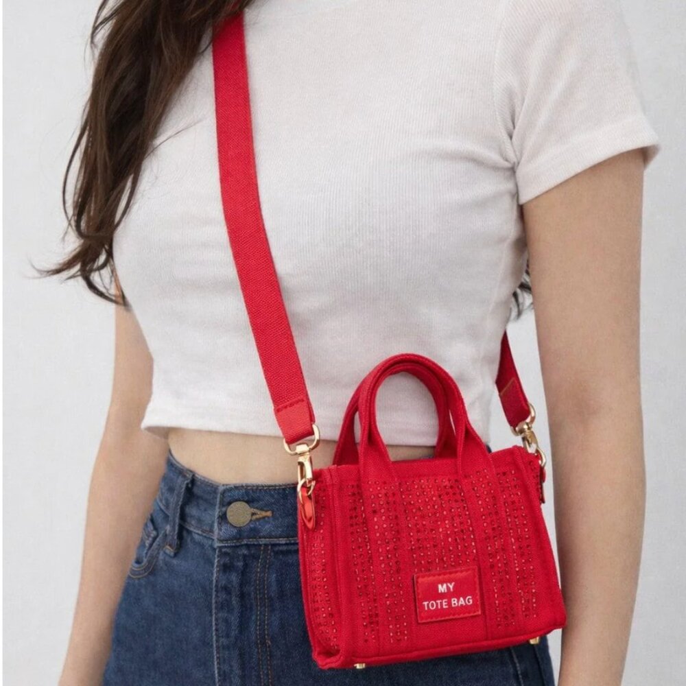 Natural Tan Rhinestone Mini Tote Crossbody Bag | Sparkly Canvas Zip Purse NEW - Picture 3 of 9